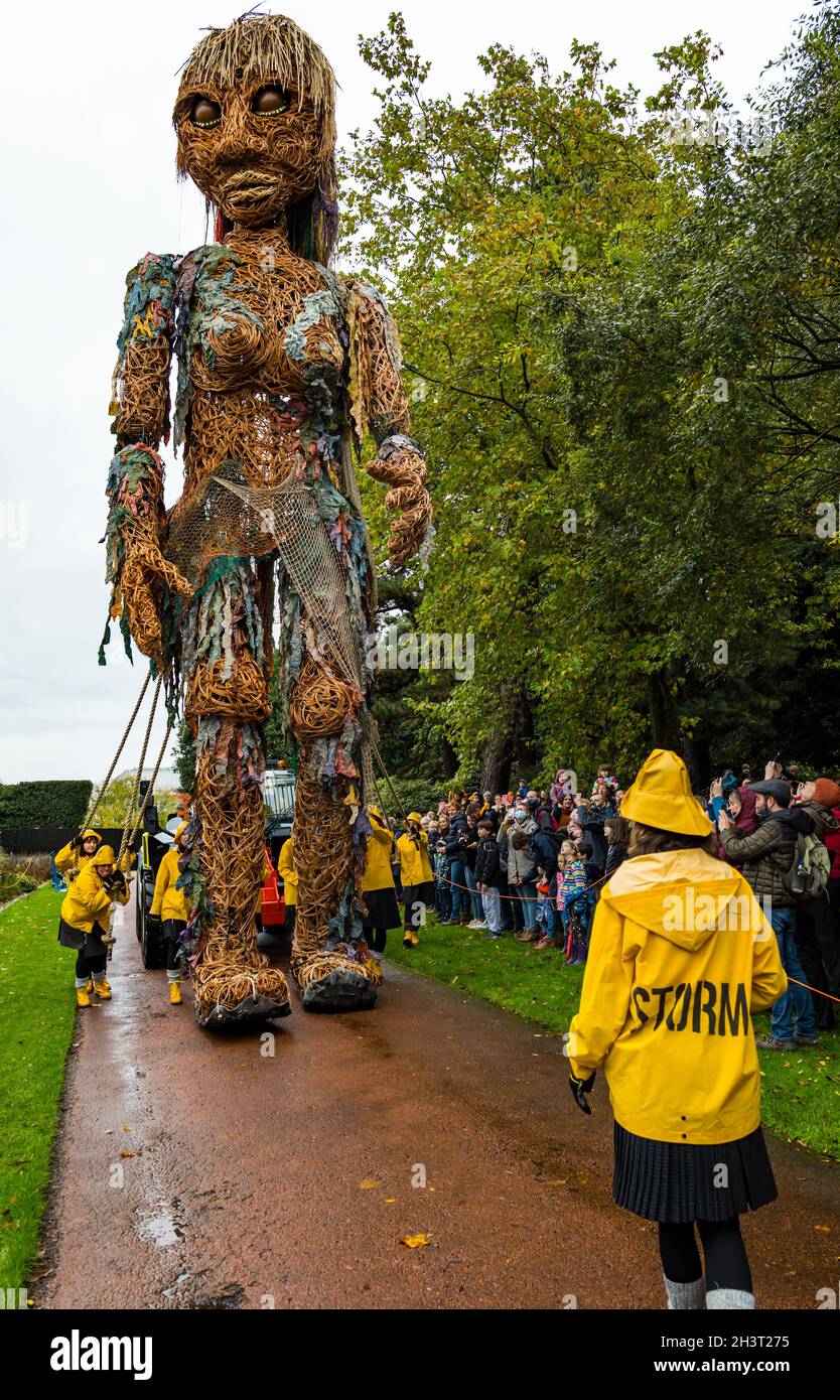 Edinburgh, Scotland, UK, 30th October 2021. Giant puppet Storm at the Botanics: Vision Mechanics' 10m tall sea goddess puppet meets visitors at the Royal Botanic Garden on a wet cloudy day Stock Photo