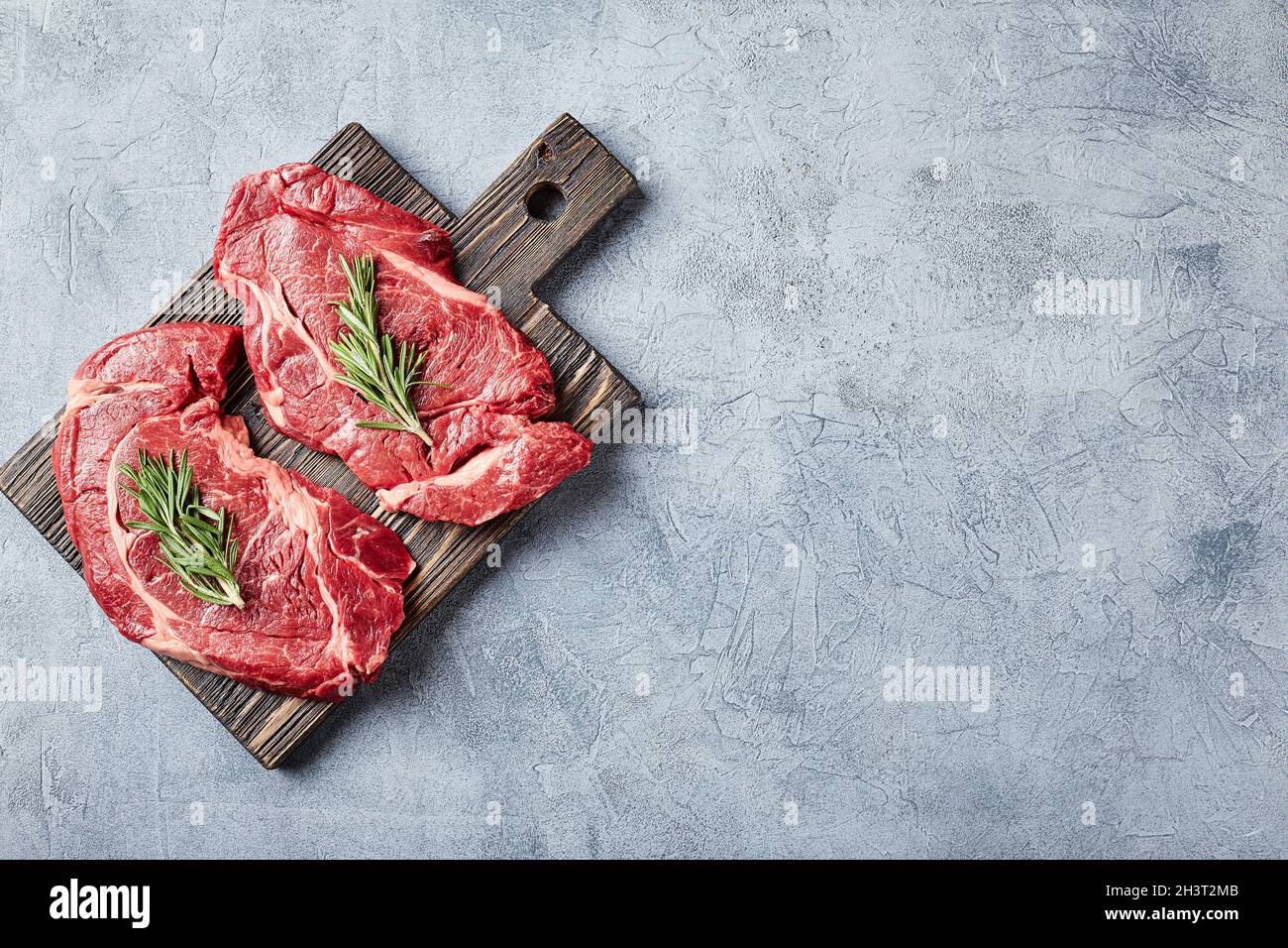 Two Fresh Raw meat Prime Black Angus Beef Steaks, Rib Eye, Denver, on