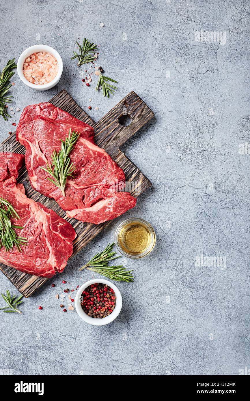 Two Fresh Raw meat Prime Black Angus Beef Steaks, Rib Eye, Denver, on