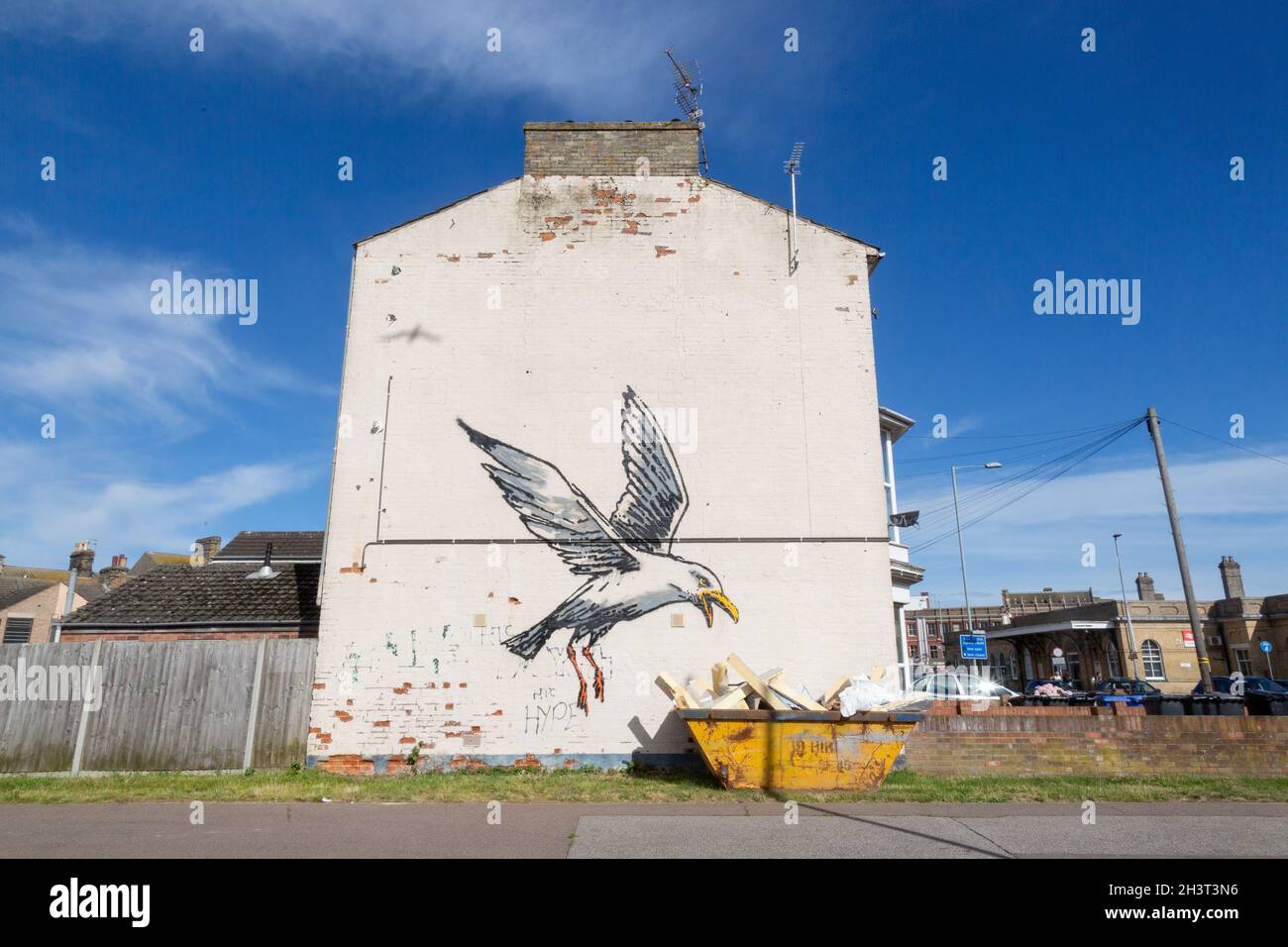 Herring Gull eating chips mural by Banksy on Trafalgar Street in