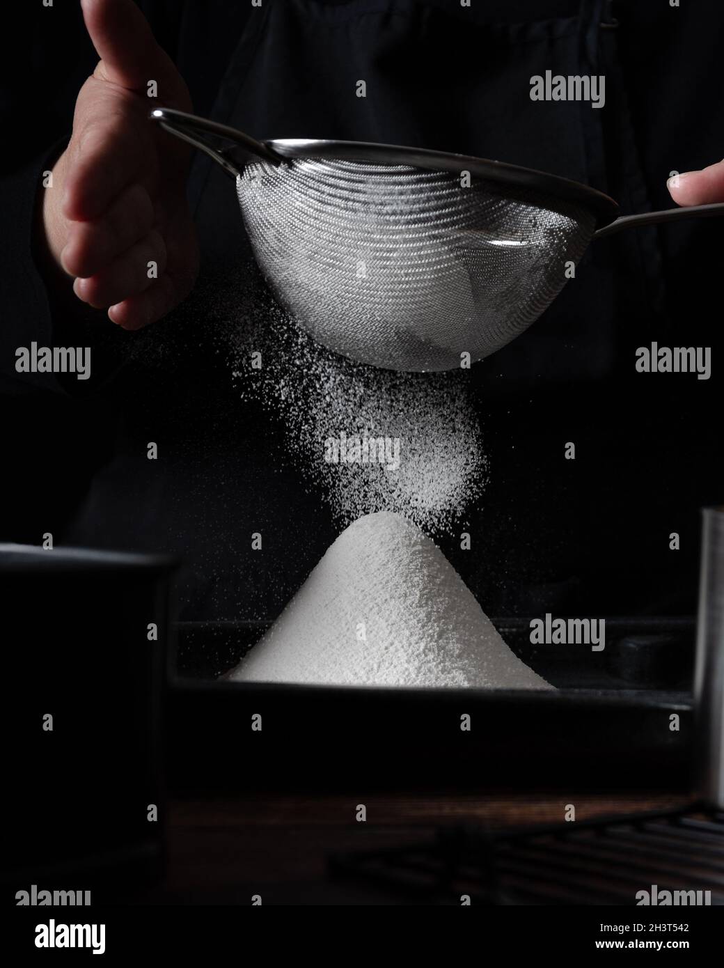 Baker Chef Moody Sifting Flour Sugar Dark Rustic Stock Photo