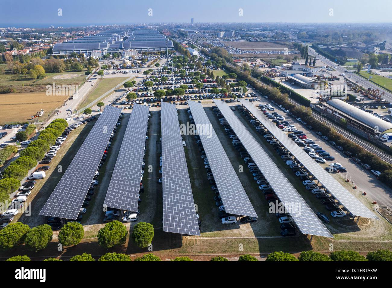 Aerial view of a car park with solar panels. Rimini, Italy - October 2021 Stock Photo