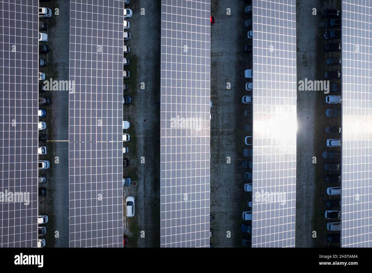 Aerial view of a car park with solar panels. Rimini, Italy - October 2021 Stock Photo