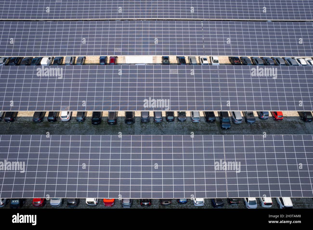 Aerial view of a car park with solar panels. Rimini, Italy - October 2021 Stock Photo