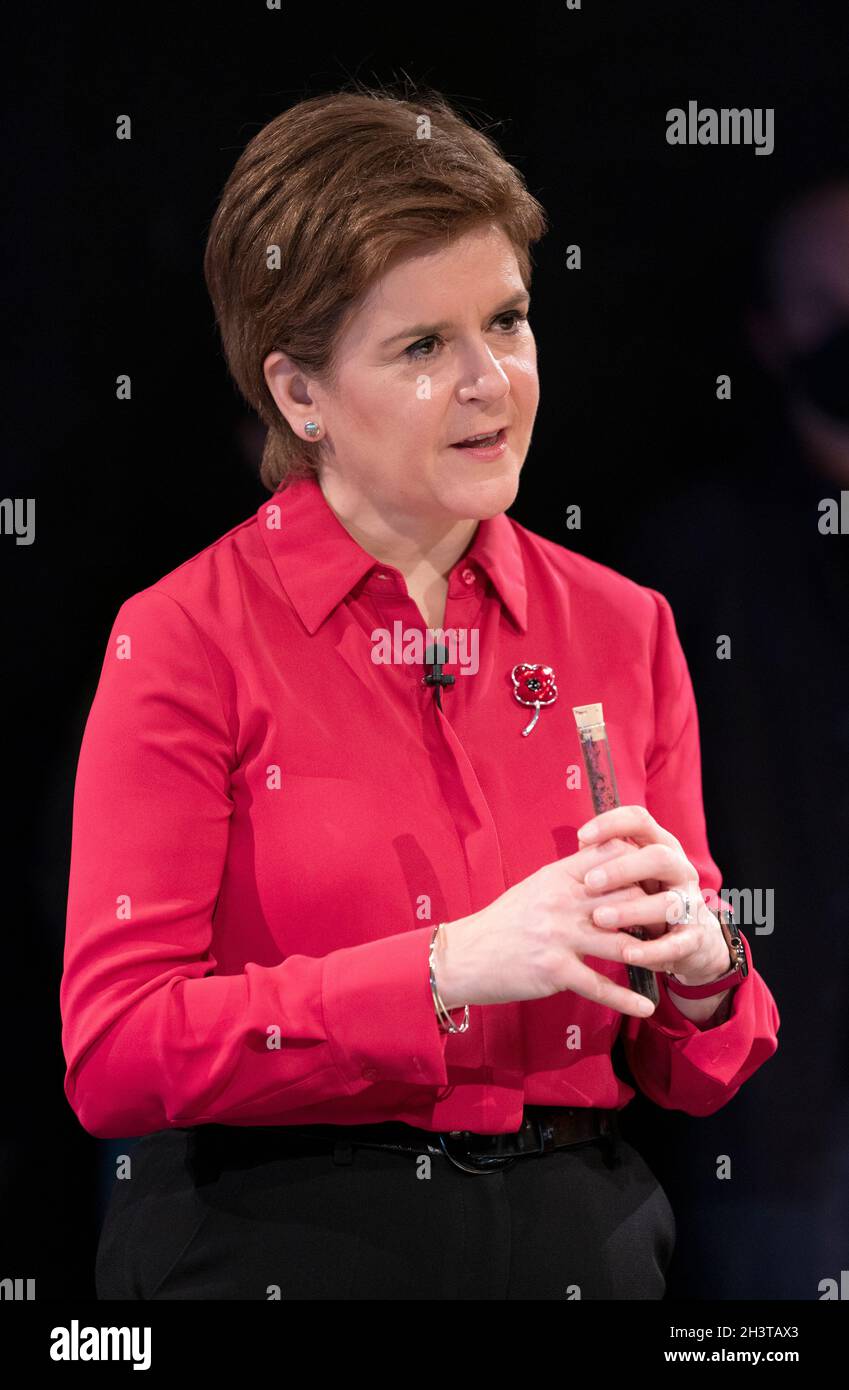 First Minister Nicola Sturgeon during a special ceremonial gathering to welcome the Mapuche leader and Minga Indigena indigenous delegates at the Tramway in Glasgow in a symbolic gesture to mark a unified demand for climate justice. Picture date: Saturday October 30, 2021. Stock Photo