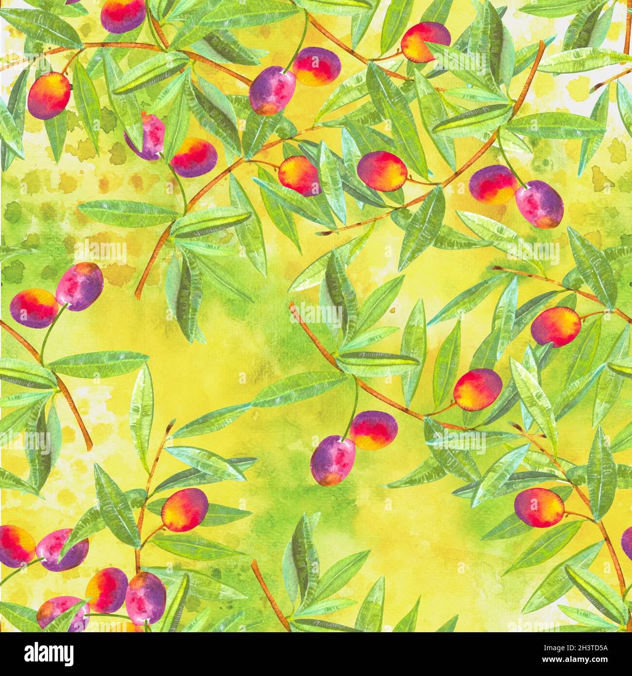 A seamless watercolor pattern of vibrant olive tree branches with ...