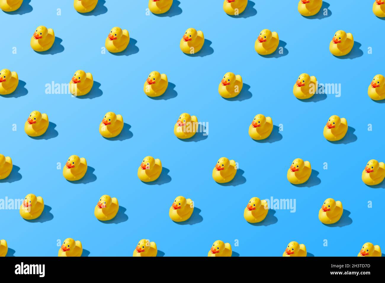 Flat lay of a creative summer yellow rubber duck pattern Stock Photo