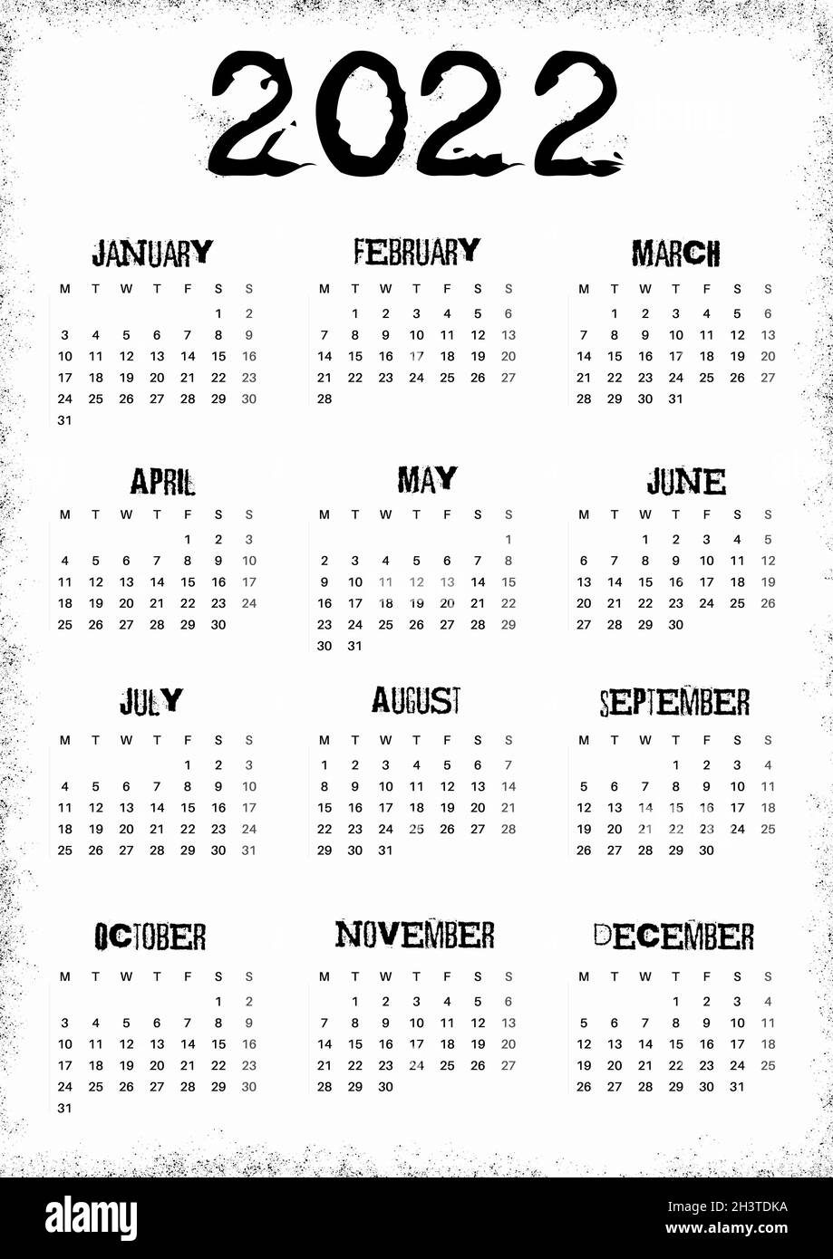 calendar 2022 monday week start printable calendar template for planners paper international size a4 a5 week number grunge style typography stock photo alamy