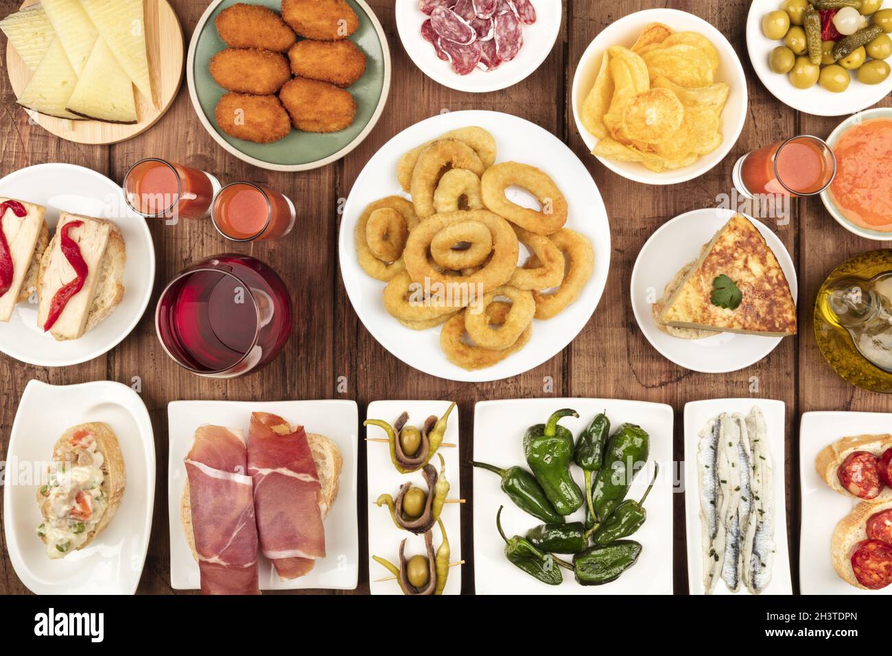 The food of Spain. Overhead photo of many different Spanish tapas Stock