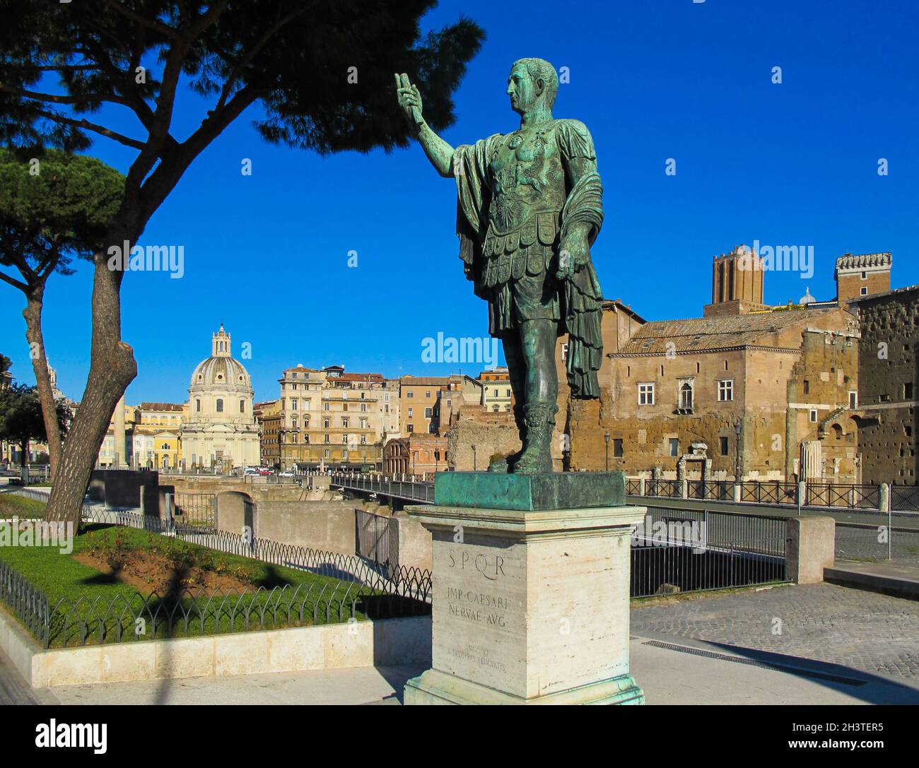 Rome / Italy - January 2012. Bronze statue of S.P.Q.R. IMP. CAESARI NERVAE Augustus on Imperial Forums Street (Via dei Fori Impe Stock Photo