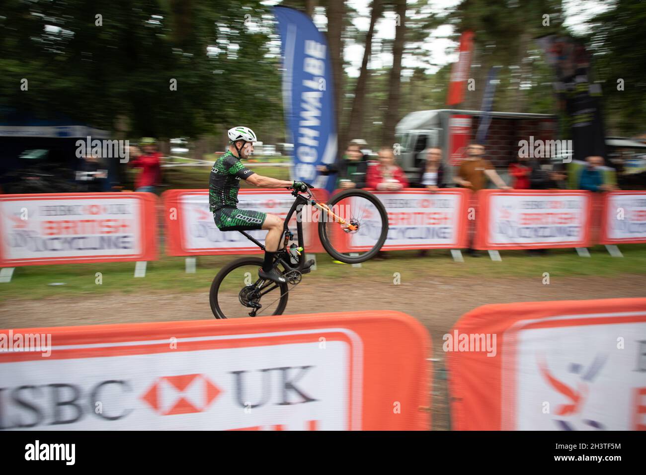 Mountain bike racers in national points series race, Cannock Chase, Staffordshire, England, UK, GB, Europe. Stock Photo