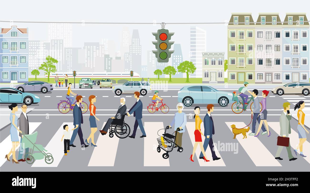 Zebra crossing with road traffic and traffic lights with pedestrians