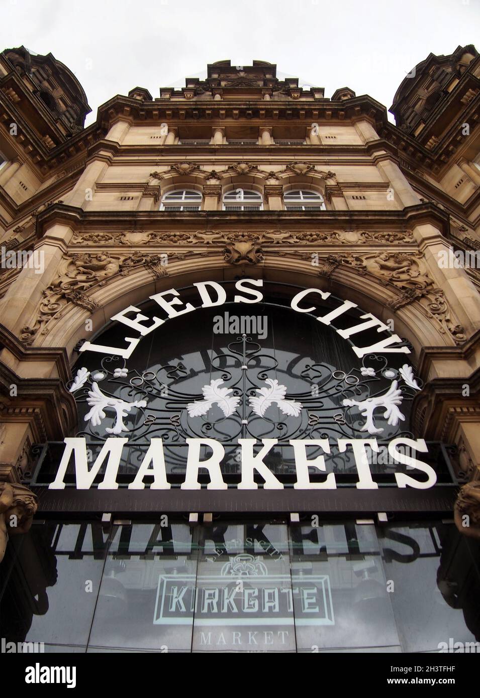 Sign over the entrance to Leeds city markets, a historic covered market building in Leeds, west yorkshire Stock Photo