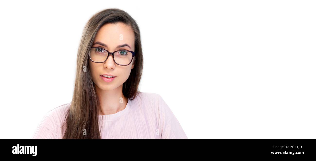 Young woman with glasses. Ophthalmology, glasses shop concept background Stock Photo