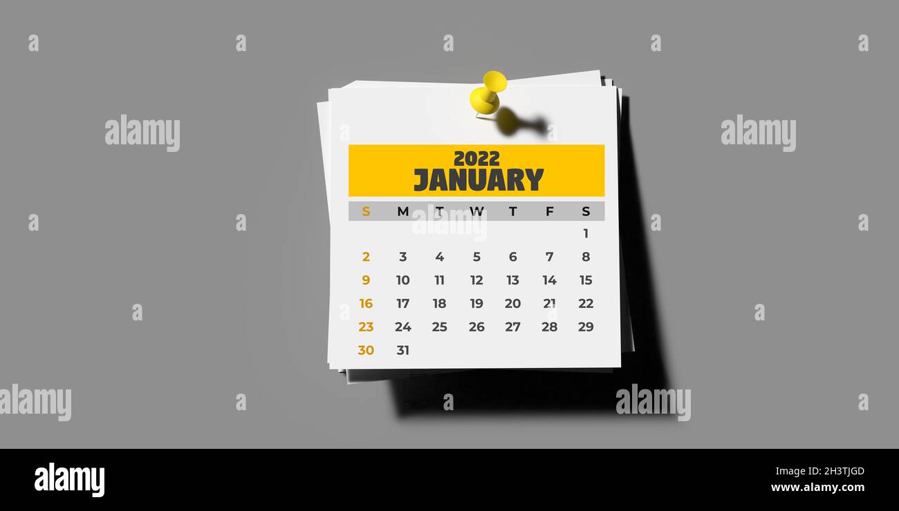Monthly pinned Calendar 2022 template set: January 2022, 3D rendered pin-up calendar page on grey background with copy space. Horizontal composition Stock Photo