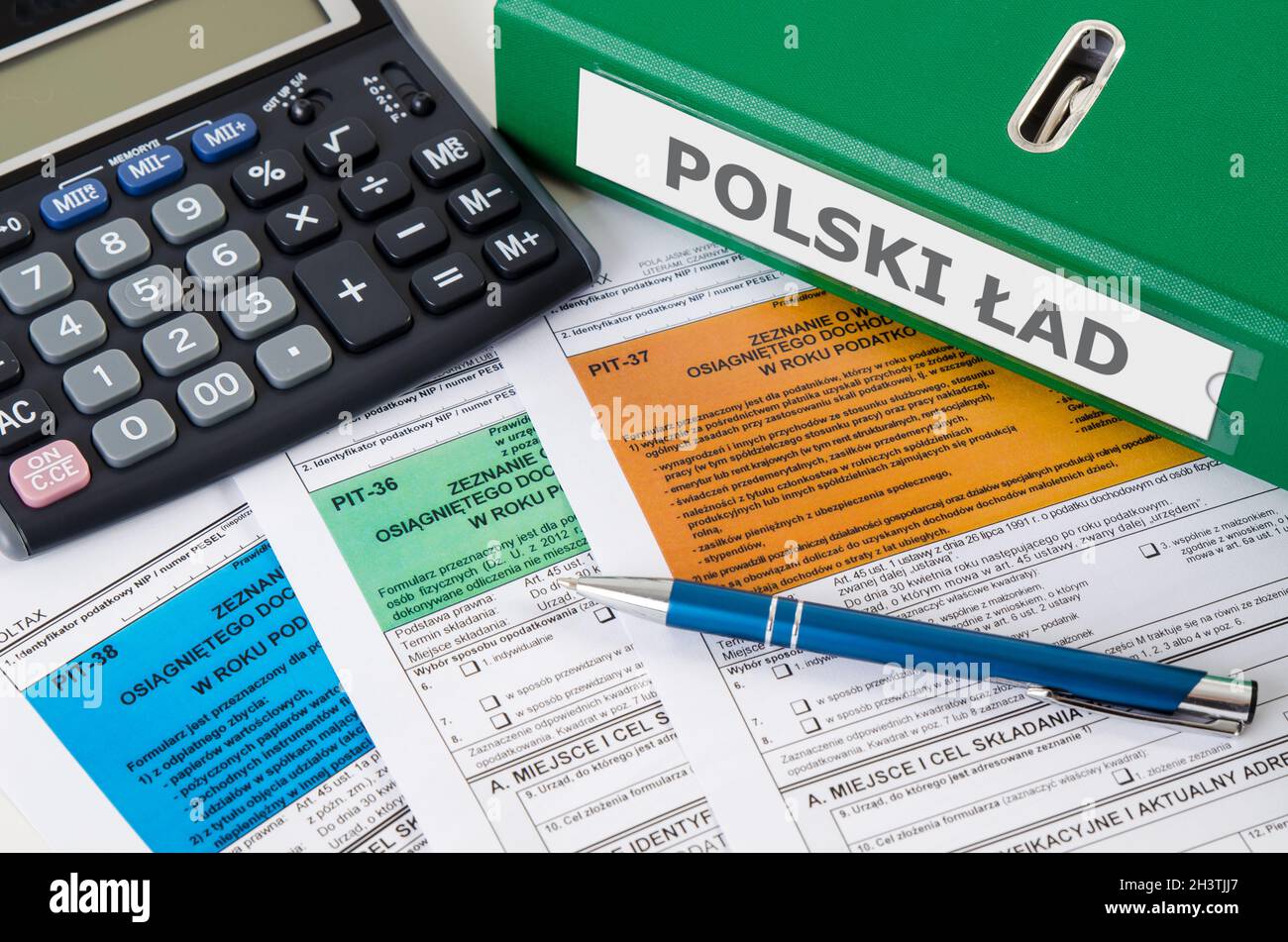 New polish tax regulations. New 2022 order named 'Polski Ład'. Polish tax forms on desk. Stock Photo