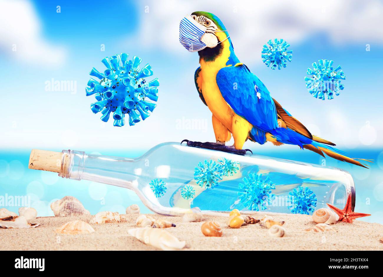 Message in a bottle with corona virus and parrot on vacation Stock Photo