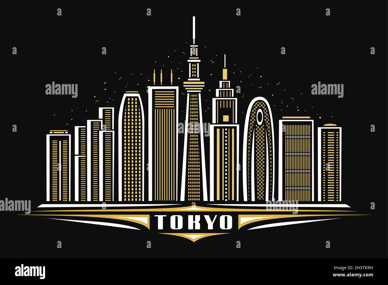 Vector illustration of Tokyo, dark horizontal poster with linear design famous tokyo city scape on dusk starry sky background, asian urban line art co Stock Vector