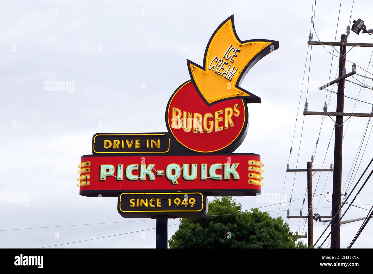 PICK-QUICK Drive In, 2990 4th Ave S, Seattle, Washington. neon sign marquee of a hamburger restaurant in the SoDo neighborhood. Stock Photo