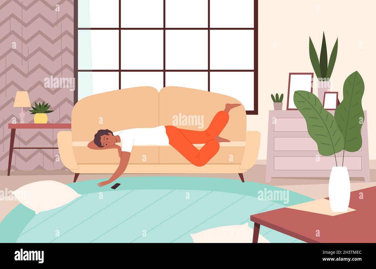 People lying on sofa. Lazy person relax in living room sleeping and watching tv apathy and messy vector character Stock Vector