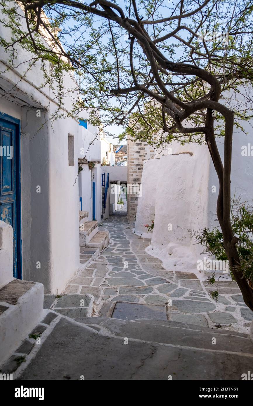 Folegandros island, Greece, Cyclades. Narrow street in Kastro, old castle in Chora. Whitewashed houses and stairs, Cycladic architecture Stock Photo