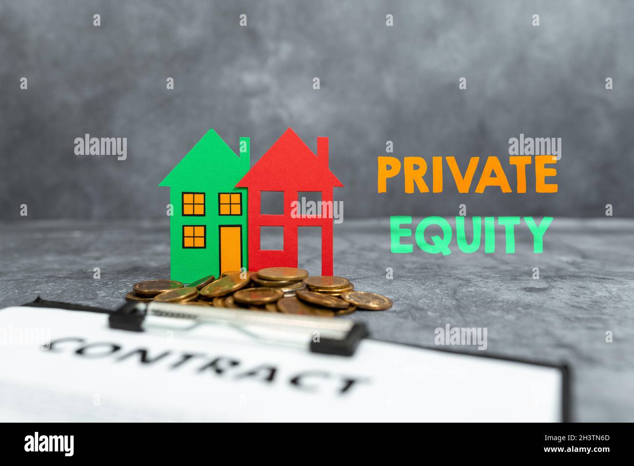 Conceptual caption Private Equity. Business overview limited partnerships composed of funds not publicly traded Stock Photo