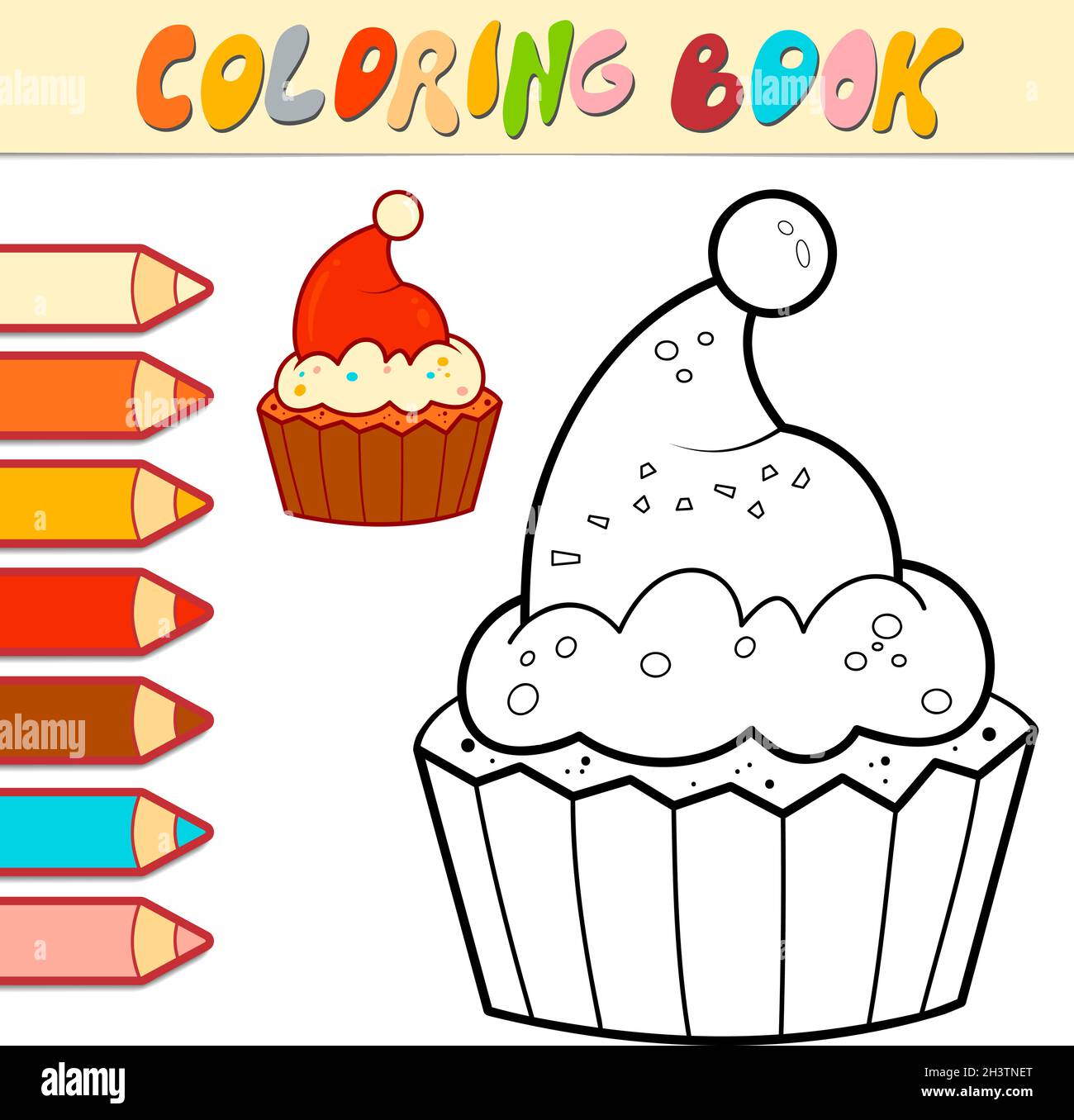 Coloring book or page for kids. Christmas cupcake black and white ...