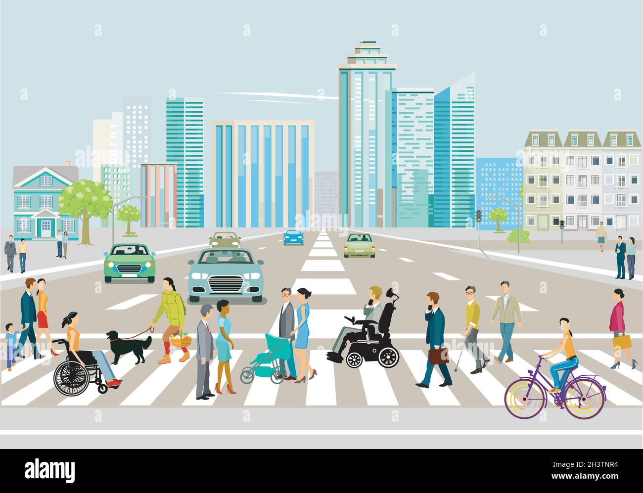 City silhouette with road traffic and pedestrians on the zebra crossing