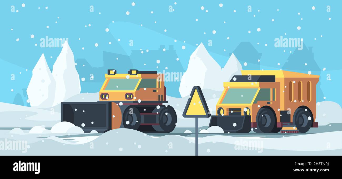 Snow removal. Heavy trucks cleaning urban road from snowstorm vector cartoon background Stock Vector