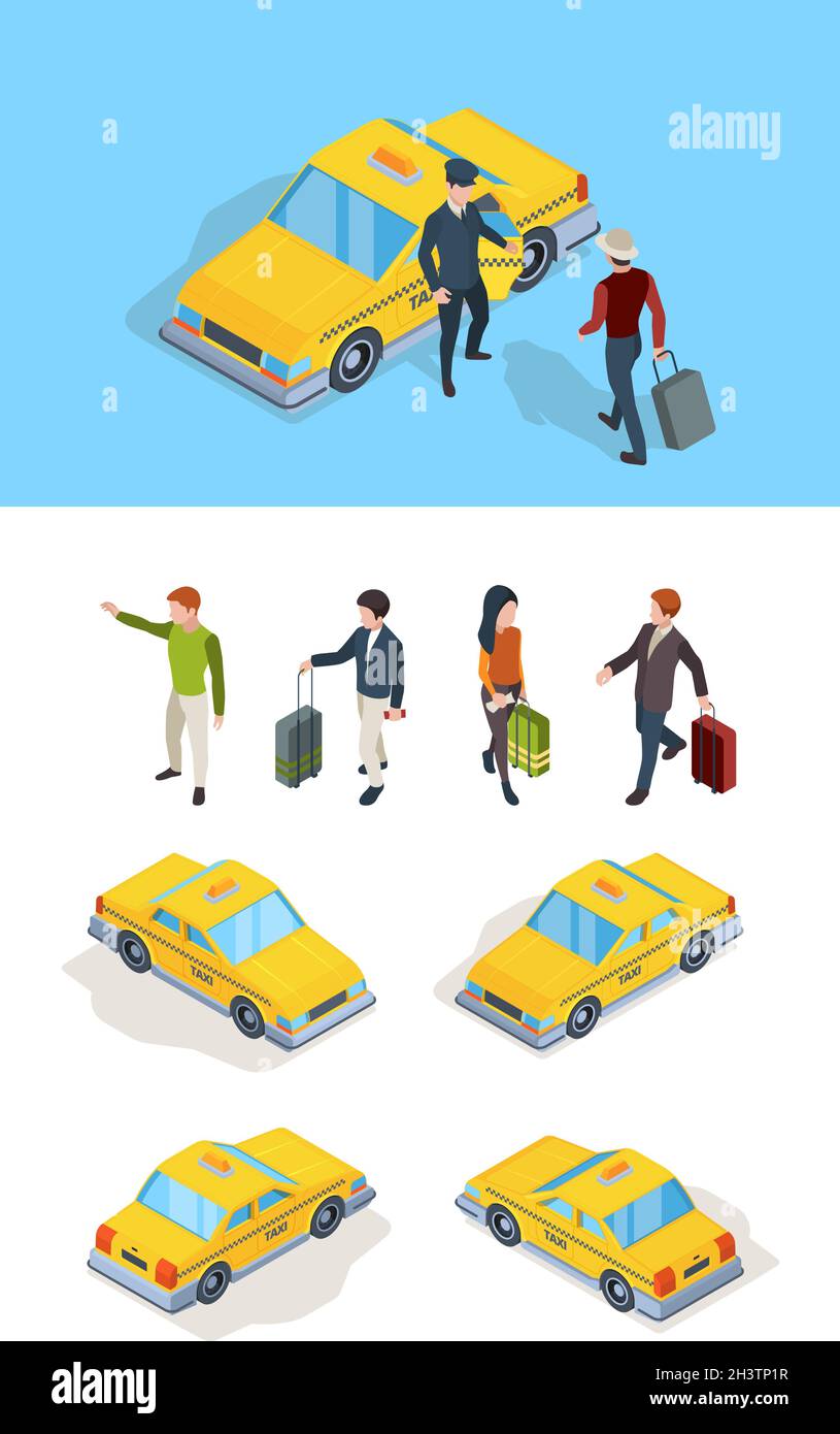 Taxi service. Travellers passengers call taxi with luxury driver professional chauffeurs yellow isometric cars vector pictures Stock Vector