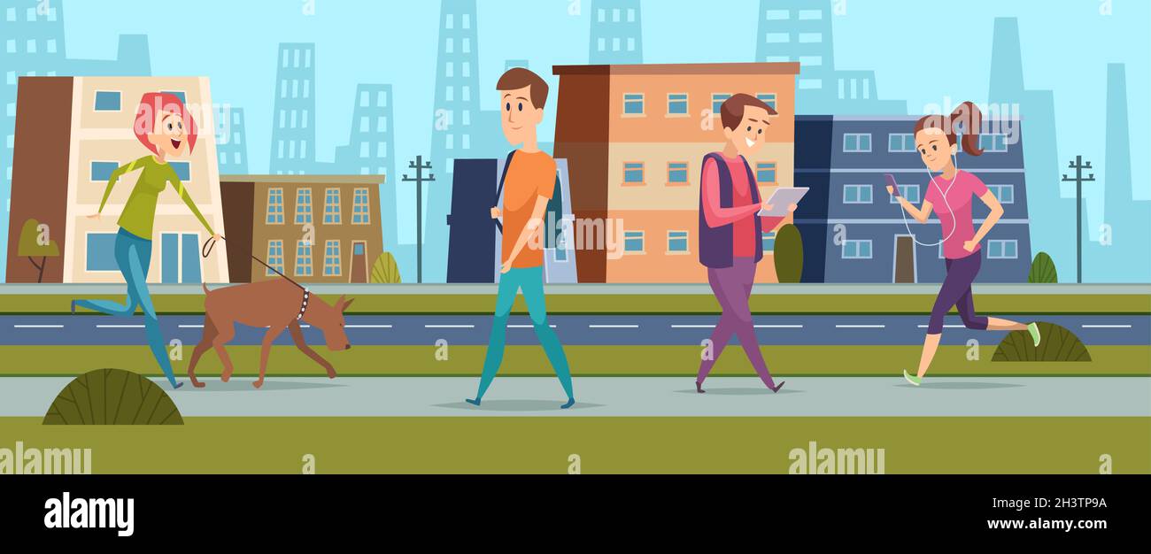 People walking. Men women on street, peace and kind in city. Cartoon ...