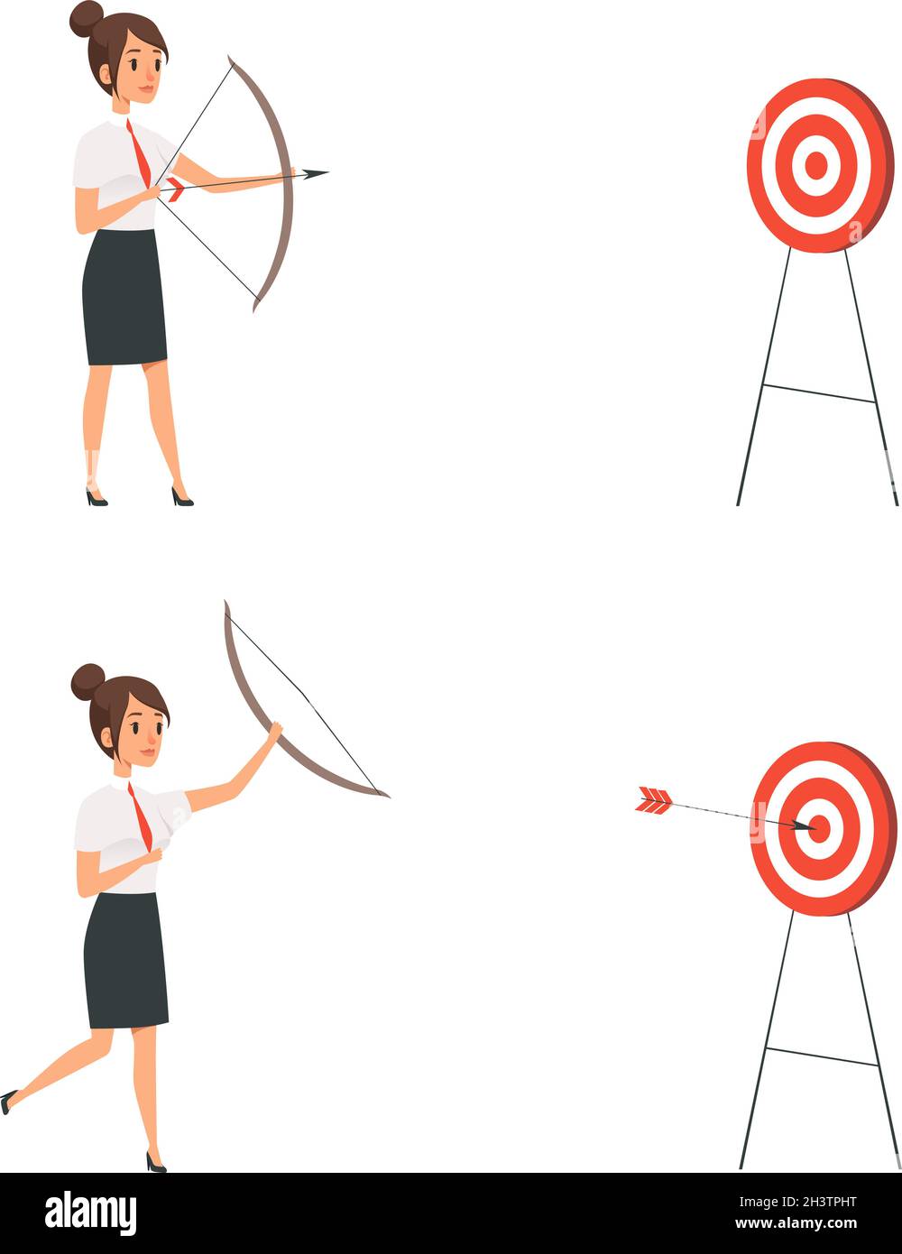 Woman shooting target. Business lady win, manager holding bow and