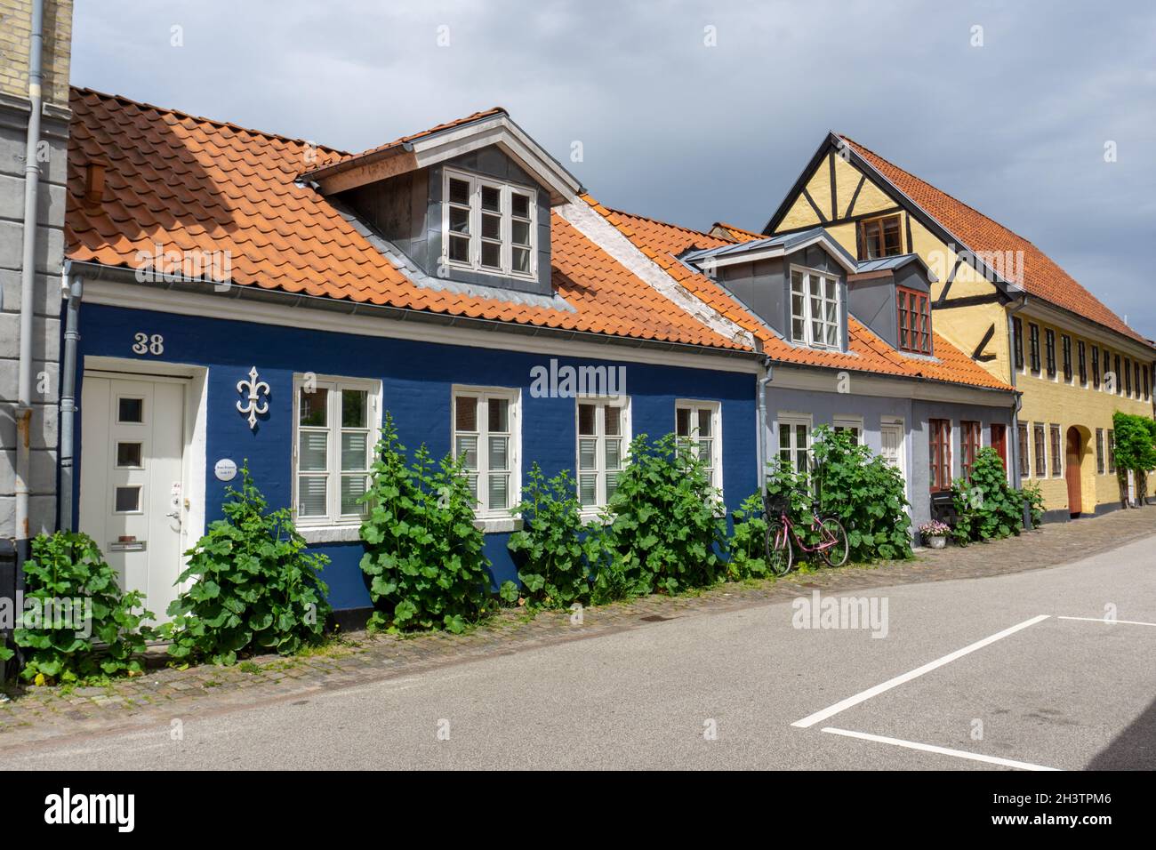 Colorful small houses in the historic old city center of Aalborg Stock Photo