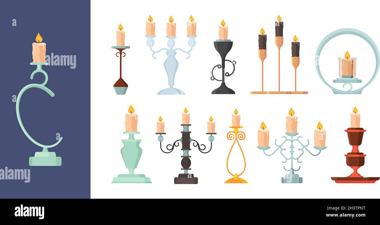 Candlestick. Burning fire on candle holder vintage metal candelabrum ancient decoration vector collection Stock Vector