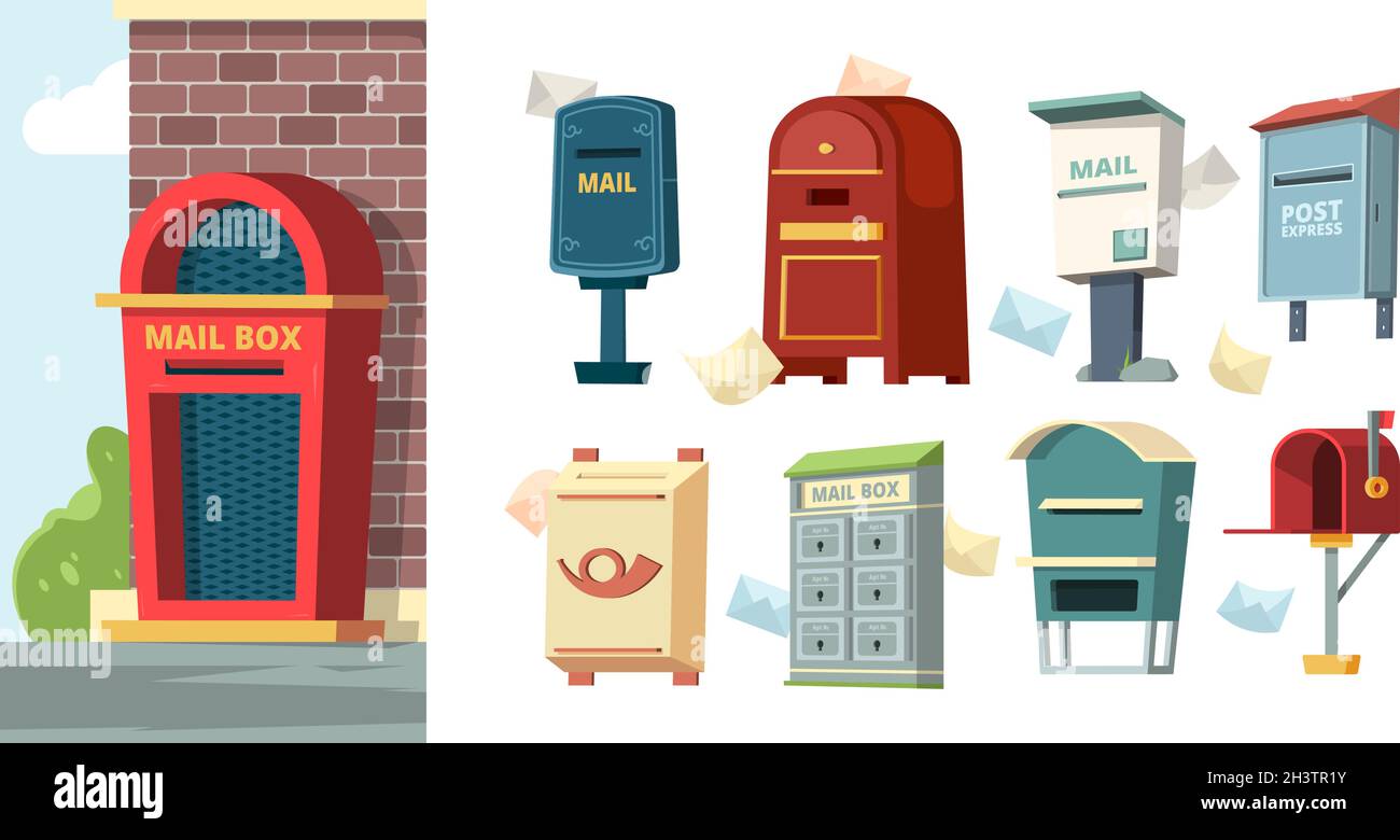 Postal containers. Mailboxes with letters envelope vector pictures Stock Vector