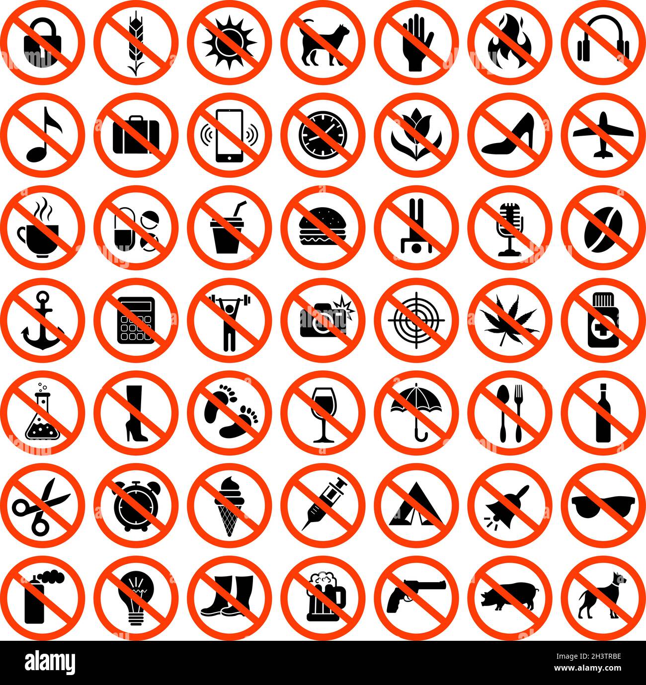 Forbidden icons. Prohibiting red symbols no motorcycle animals guns sound phones parking car vector set Stock Vector