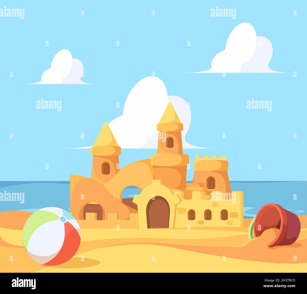 Sandcastle on seaside. Beautiful summer building from sand near ocean castles and fortress vector cartoon background Stock Vector
