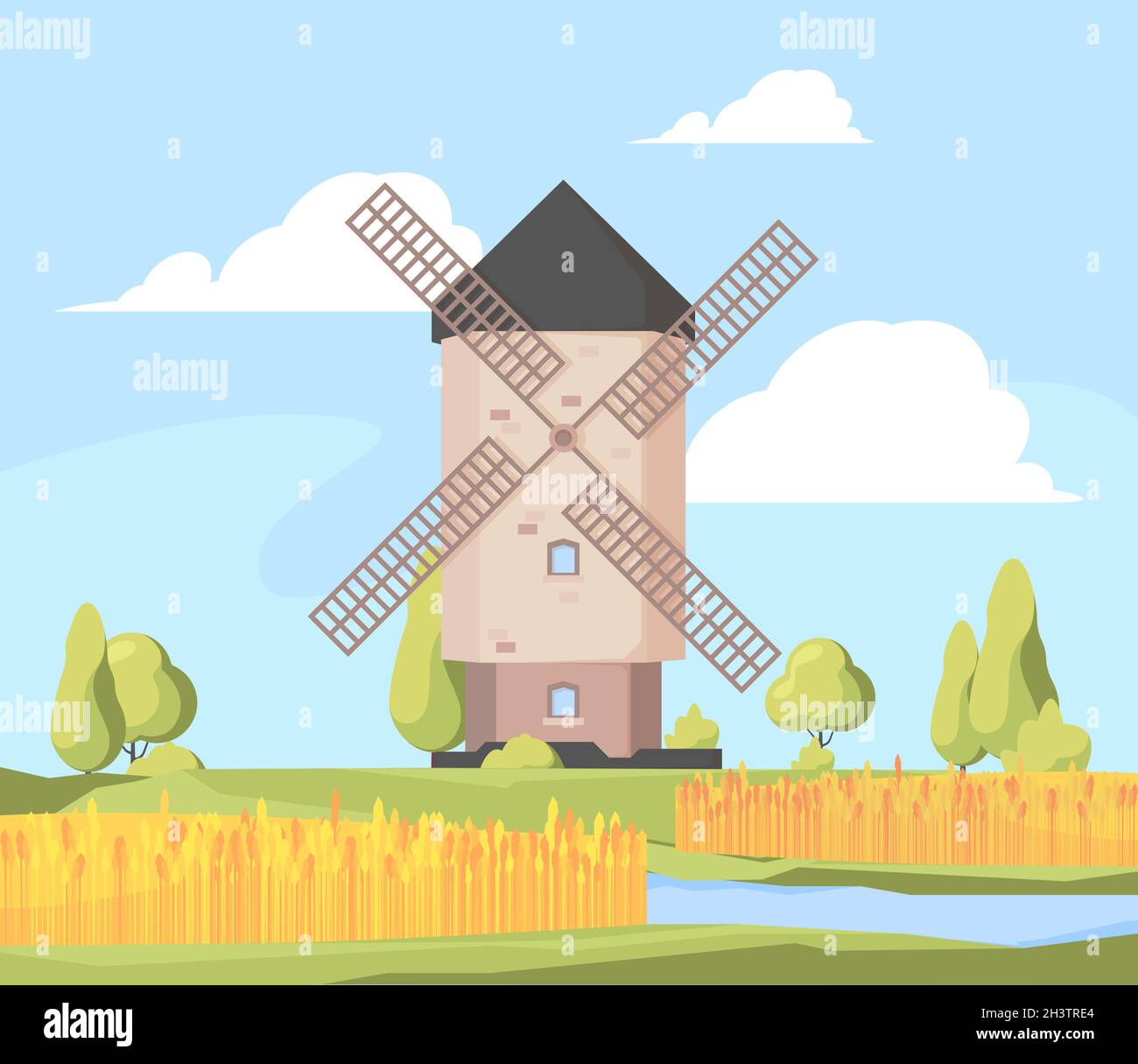 Rural landscape windmill. Farm background with growing wheat field and working windmill vector cartoon illustration Stock Vector