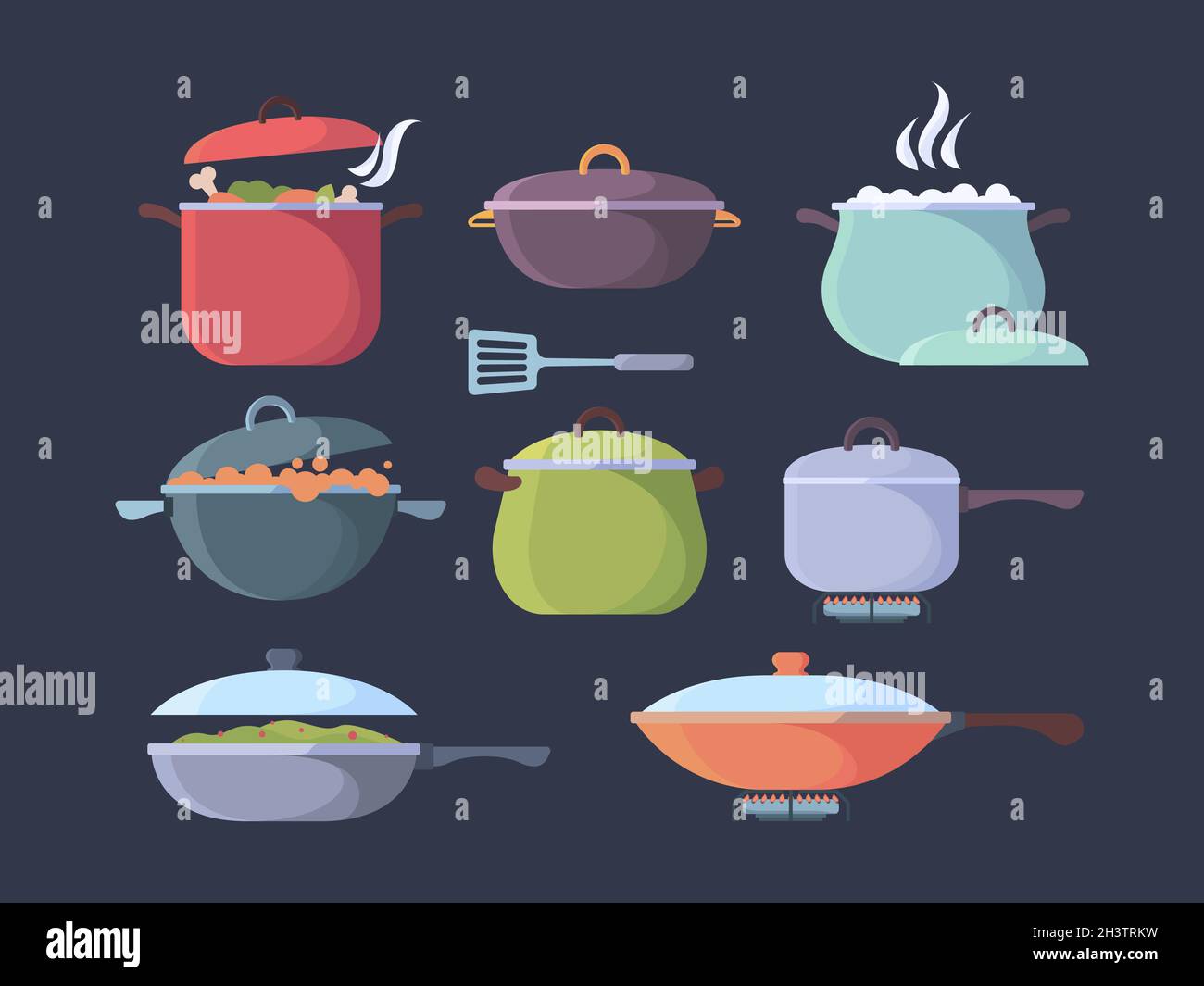 Gas stove boiling food. Preparing different products cooking pan and