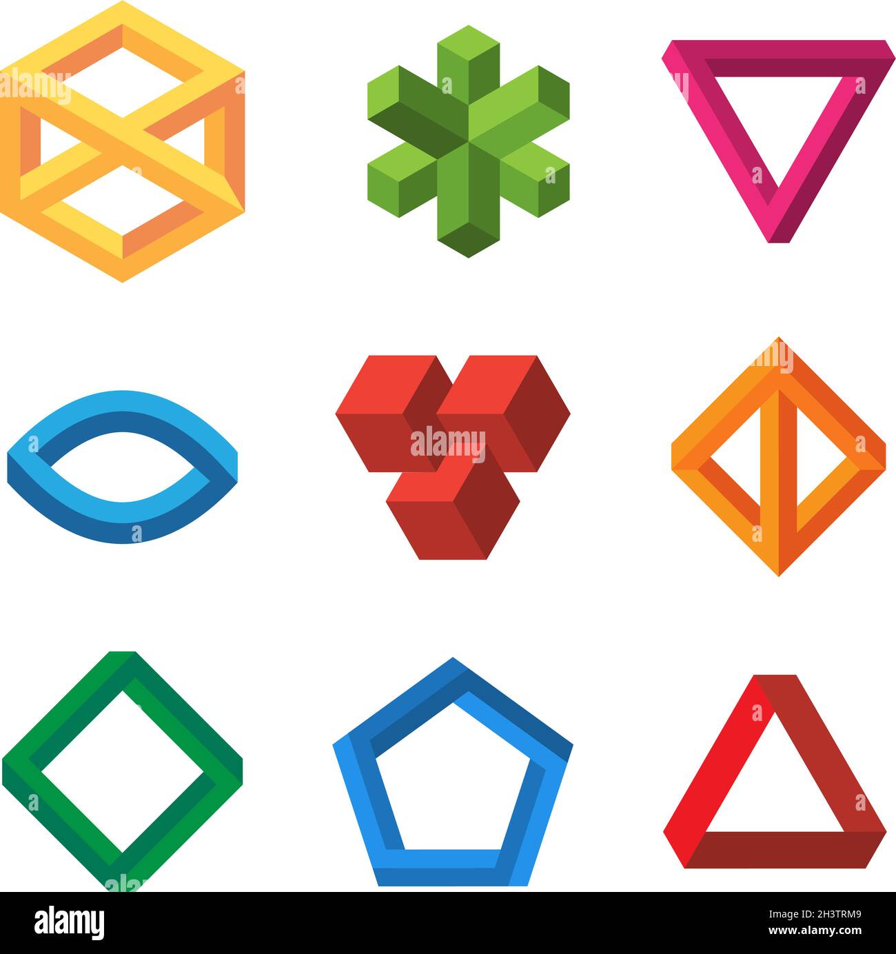 Infinity illusions geometry. Impossible 3d shapes triangles loop hexagons escher vector collection Stock Vector