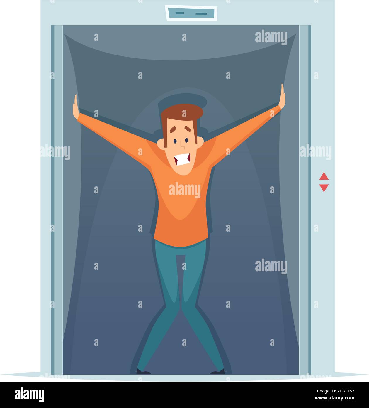 Claustrophobia. Frightened man in elevator, fear of confined space. Mental phobia vector illustration Stock Vector