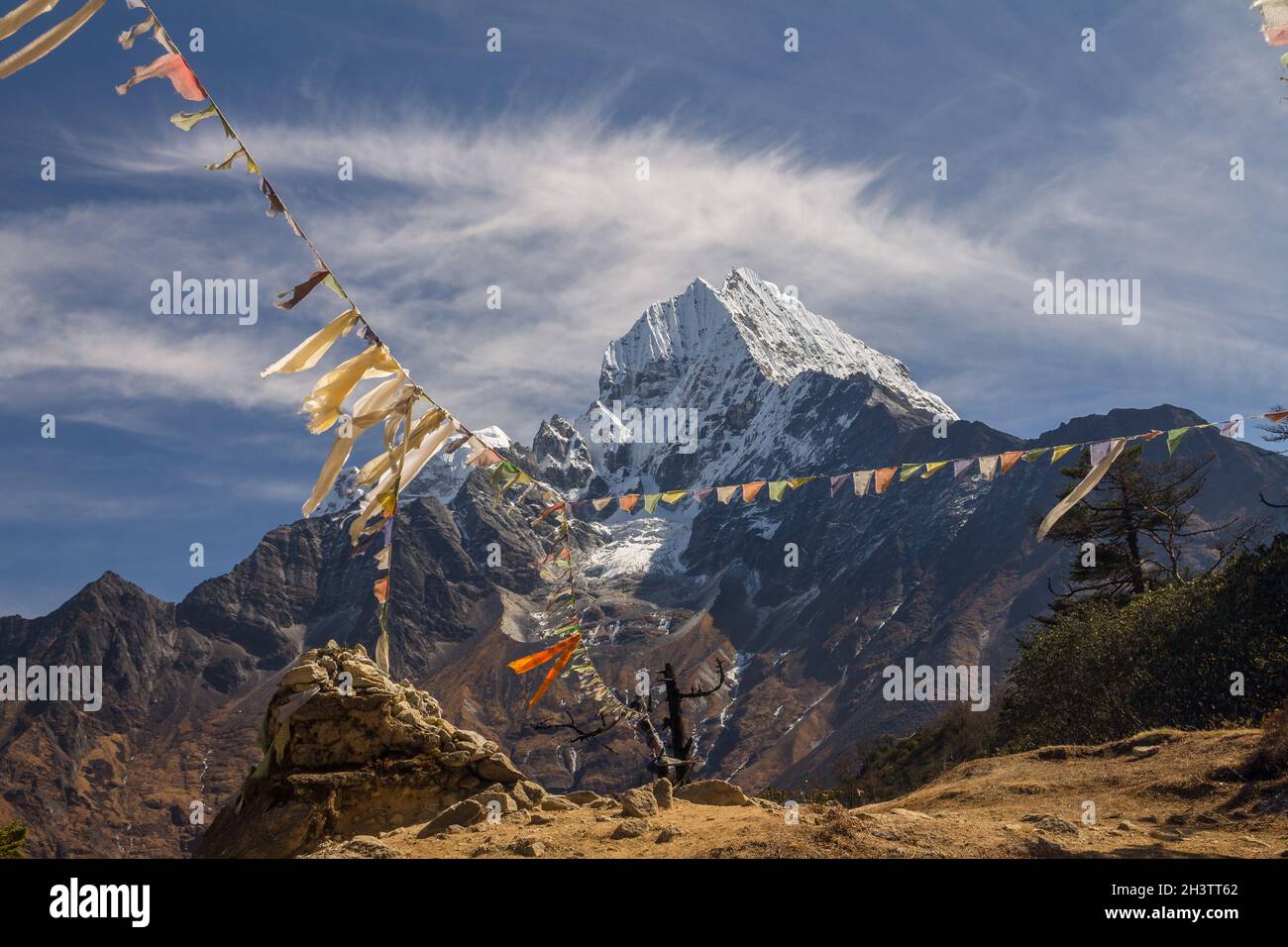 Thamserku seen from the way between Namche and Khumjung Stock Photo