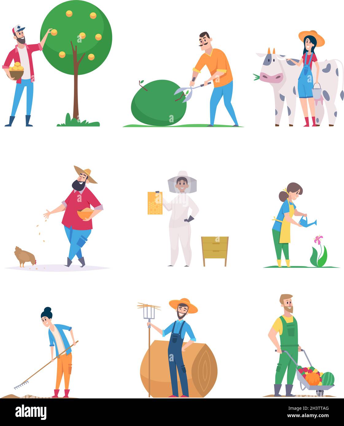 Gardeners and farmers. Happy characters growth vegetables agriculture workers vector cartoon people Stock Vector