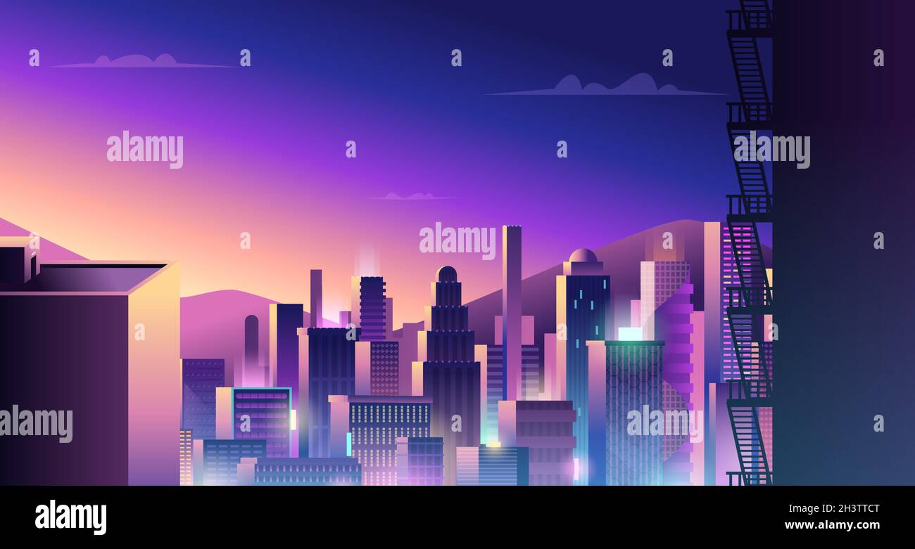 Futuristic urban landscape. Cyberpunk town with neon light and colored reflection digital city buildings vector Stock Vector