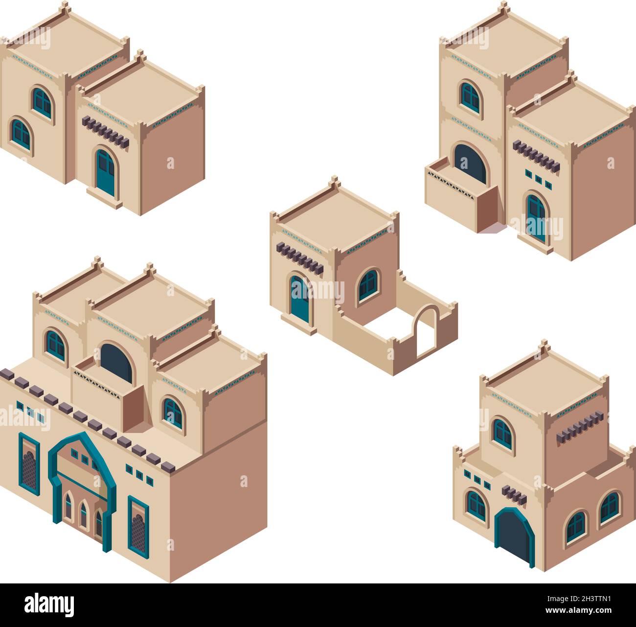 Arabic houses. Isometric sandy authentic old buildings isometric antique arab construction vector set Stock Vector