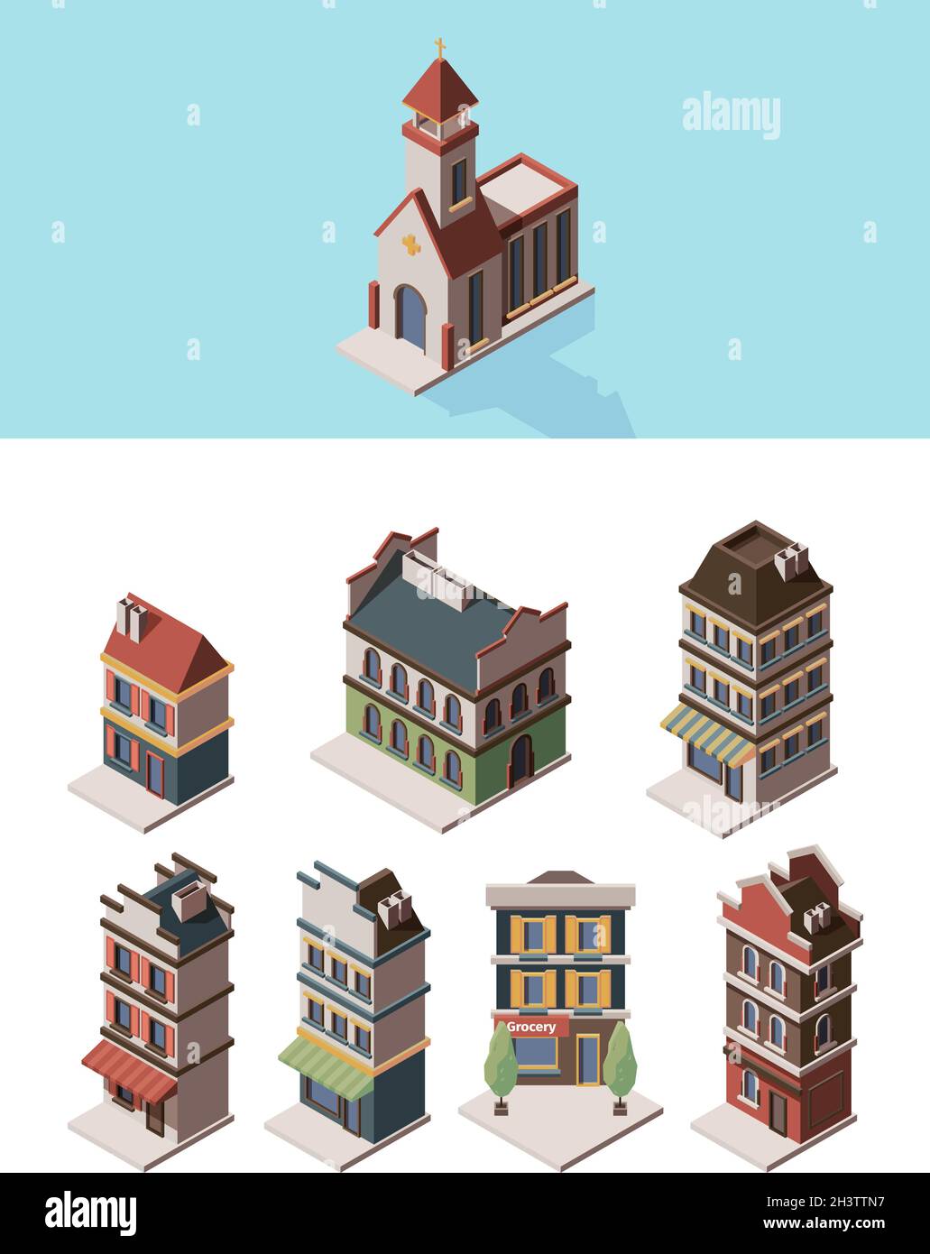 Historic buildings. Old vintage 3d houses and retro construction objects vector isometric collection Stock Vector
