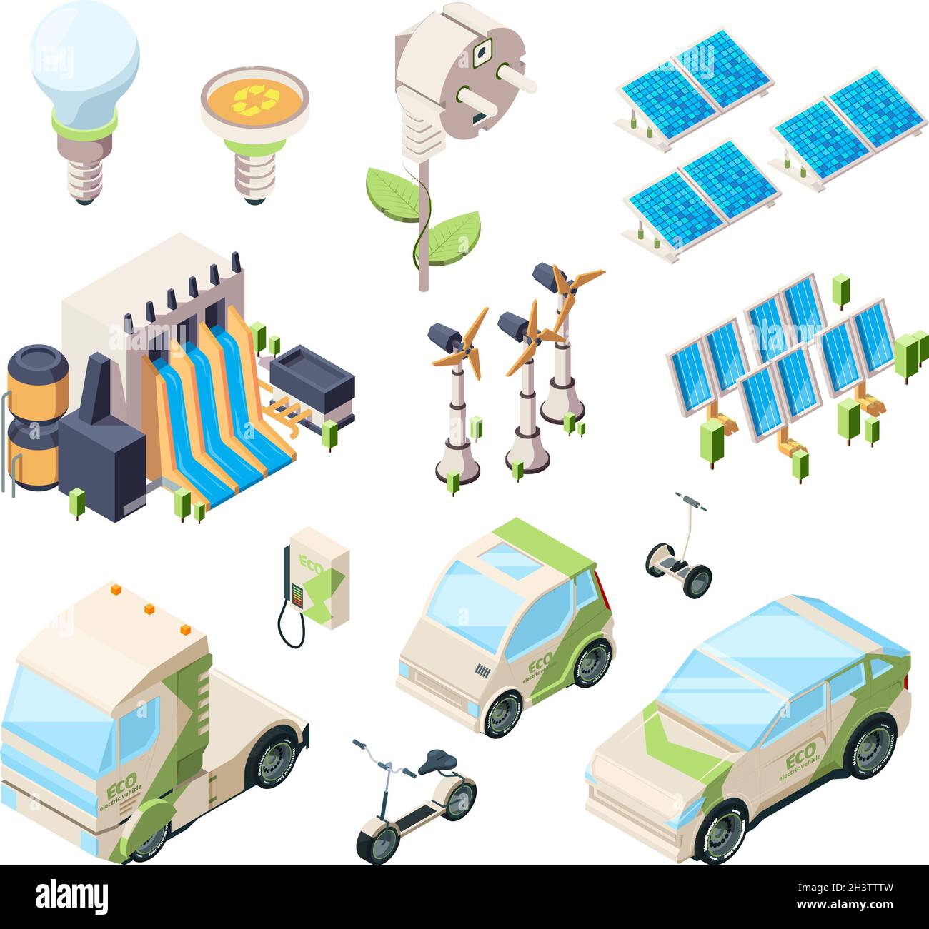 Alternative energy set. Solar panels green chargers industrial eco systems windmill modern isometric vector set Stock Vector