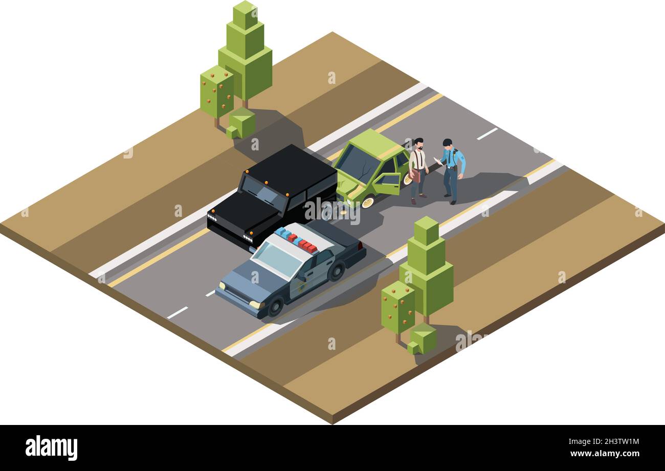 Road accident isometric. Car damaged emergency help traffic accidents injured crash vehicles urban transport vector 3d background Stock Vector