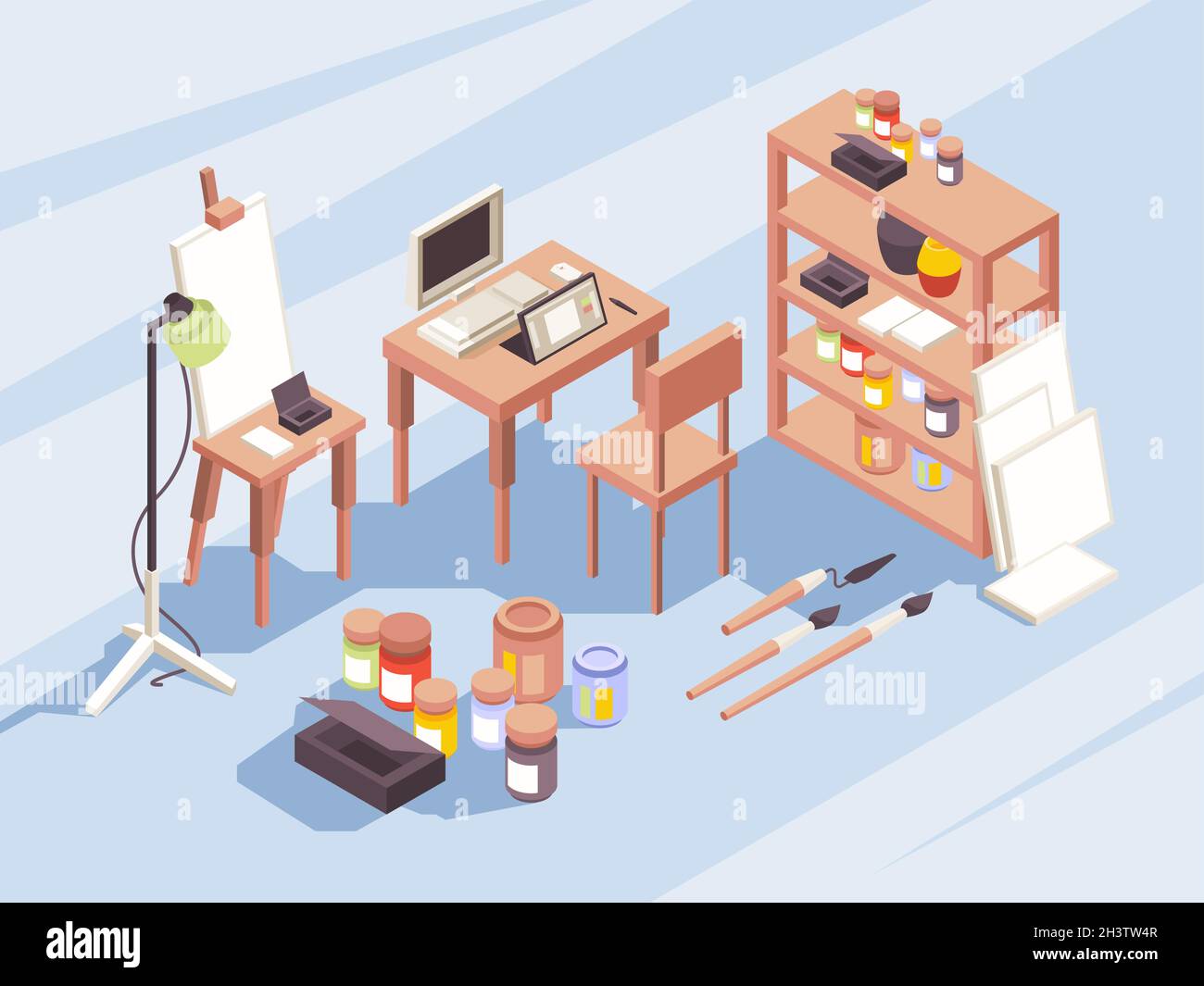 Designers drawing tools. Stationary items for painters photo cameras laptop brushes isometric symbols for education and work vector Stock Vector