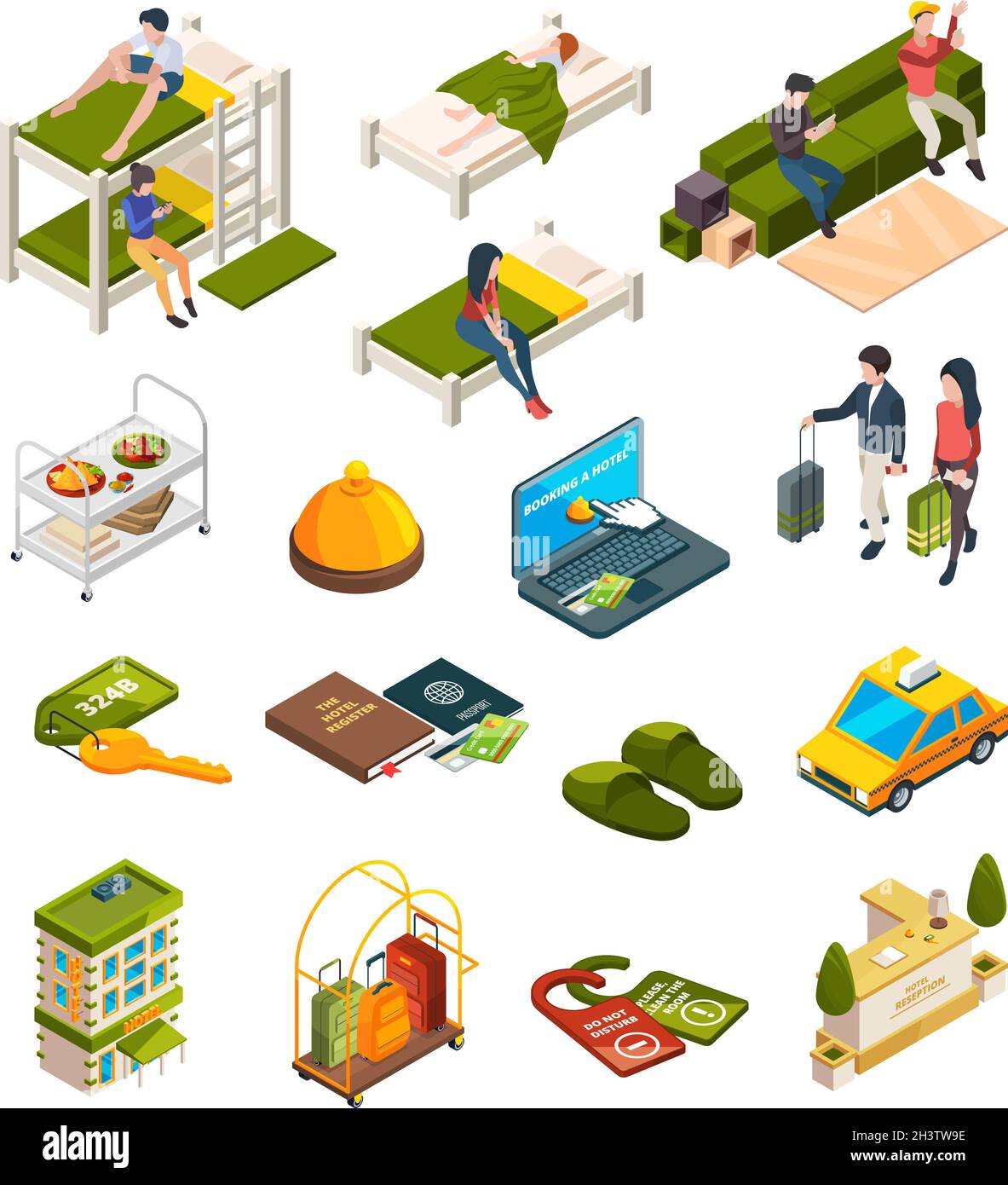 Hostel isometric. Hotel business symbols sofas hostelers travellers luggage couch vector collection Stock Vector